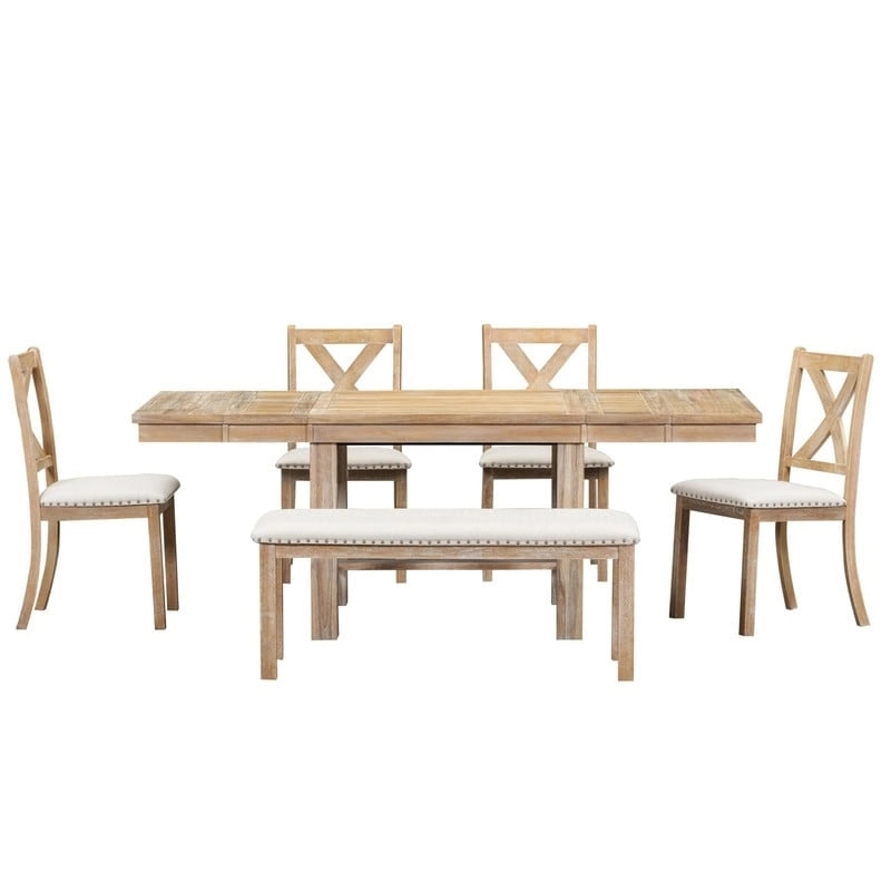 Ensemble de salle à manger et cuisine 6 pièces, table à manger extensible en bois, 4 chaises de salle à manger rembourrées et un banc, deux rallonges amovibles de 28 cm