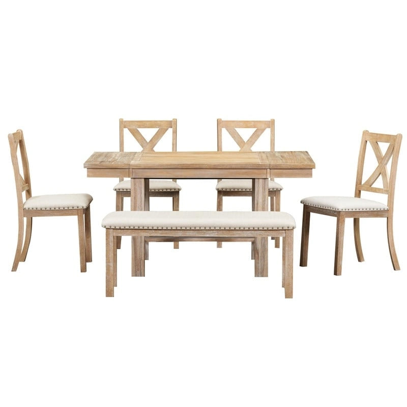 Ensemble de salle à manger et cuisine 6 pièces, table à manger extensible en bois, 4 chaises de salle à manger rembourrées et un banc, deux rallonges amovibles de 28 cm