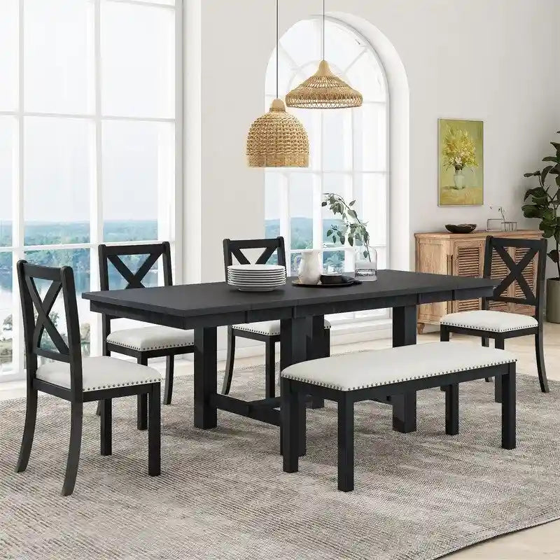 Ensemble de salle à manger et cuisine 6 pièces, table à manger extensible en bois, 4 chaises de salle à manger rembourrées et un banc, deux rallonges amovibles de 28 cm