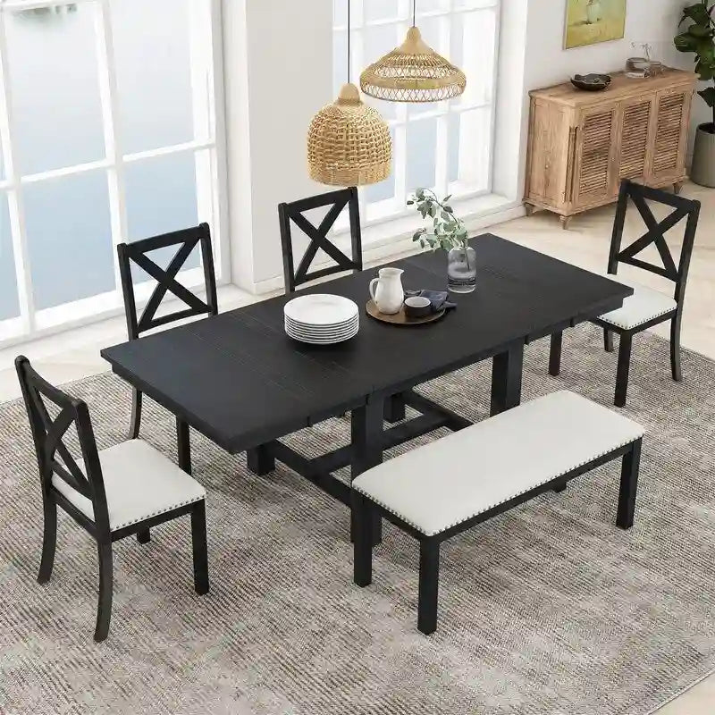 Ensemble de salle à manger et cuisine 6 pièces, table à manger extensible en bois, 4 chaises de salle à manger rembourrées et un banc, deux rallonges amovibles de 28 cm