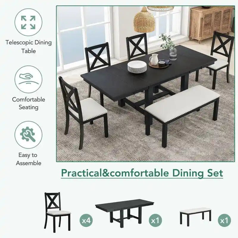 Ensemble de salle à manger et cuisine 6 pièces, table à manger extensible en bois, 4 chaises de salle à manger rembourrées et un banc, deux rallonges amovibles de 28 cm