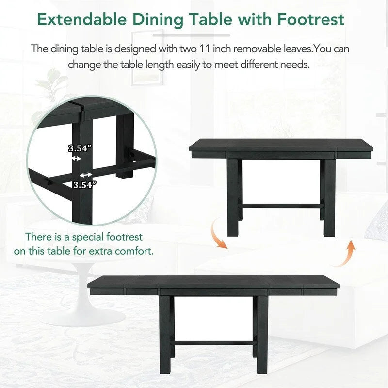 Ensemble de salle à manger et cuisine 6 pièces, table à manger extensible en bois, 4 chaises de salle à manger rembourrées et un banc, deux rallonges amovibles de 28 cm