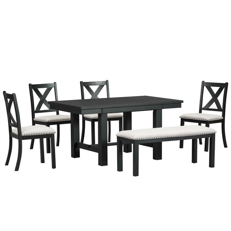 Ensemble de salle à manger et cuisine 6 pièces, table à manger extensible en bois, 4 chaises de salle à manger rembourrées et un banc, deux rallonges amovibles de 28 cm