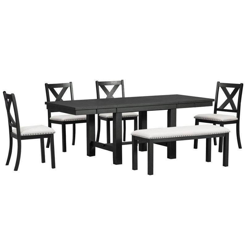 Ensemble de salle à manger et cuisine 6 pièces, table à manger extensible en bois, 4 chaises de salle à manger rembourrées et un banc, deux rallonges amovibles de 28 cm