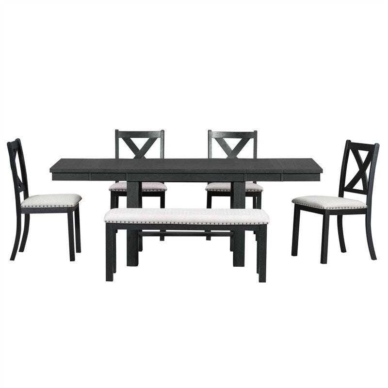 Ensemble de salle à manger et cuisine 6 pièces, table à manger extensible en bois, 4 chaises de salle à manger rembourrées et un banc, deux rallonges amovibles de 28 cm