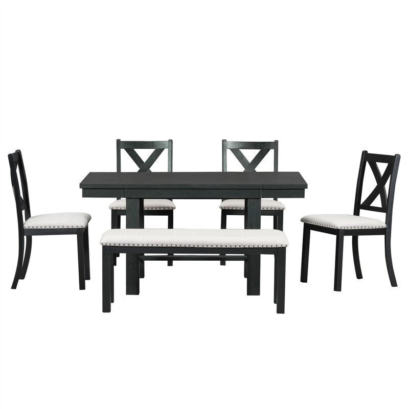 Ensemble de salle à manger et cuisine 6 pièces, table à manger extensible en bois, 4 chaises de salle à manger rembourrées et un banc, deux rallonges amovibles de 28 cm