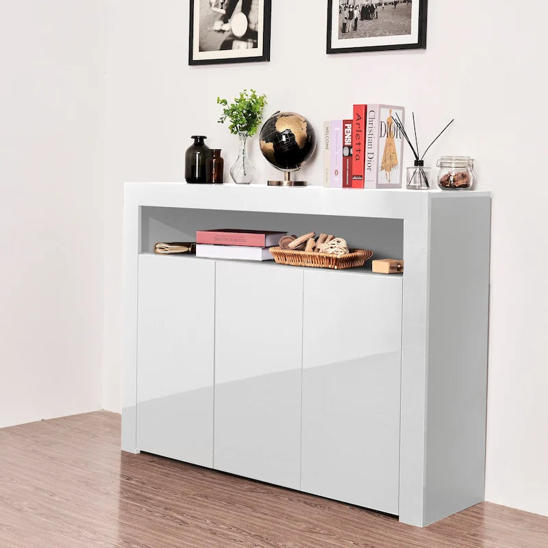 Buffet de rangement laqué brillant avec éclairage LED