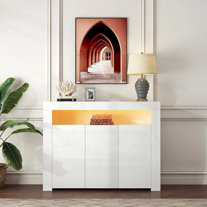 Buffet de rangement laqué brillant avec éclairage LED
