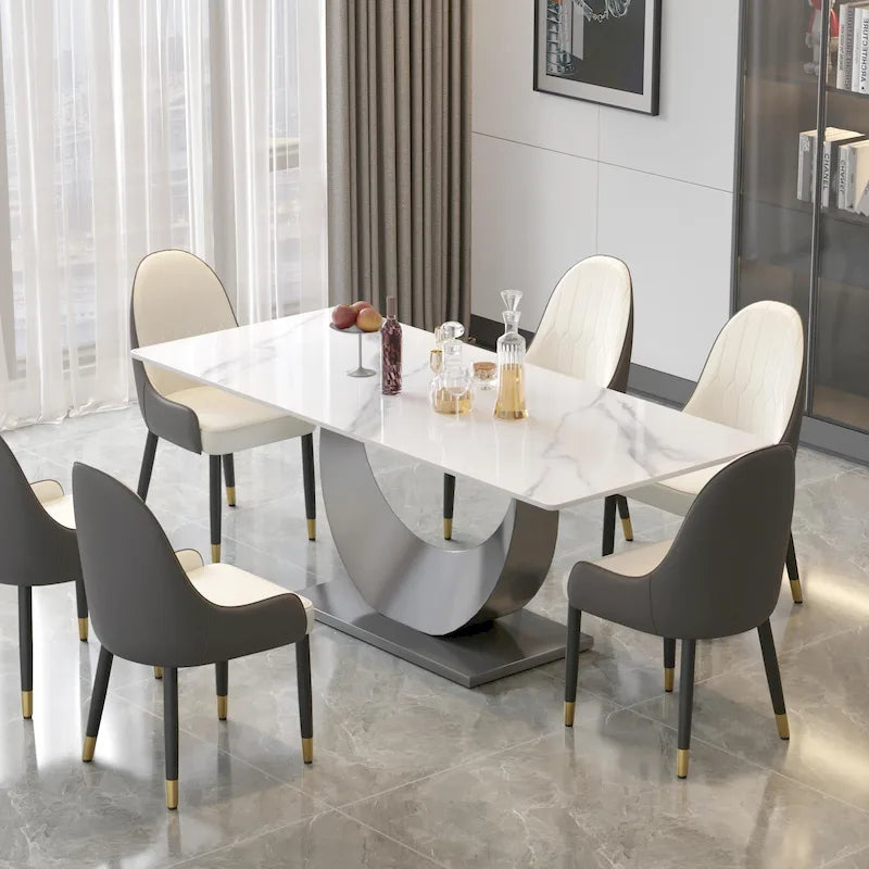 Table à manger 79 en marbre pour 10 personnes, table de cuisine rectangulaire moderne avec piètement piédestal en forme de U