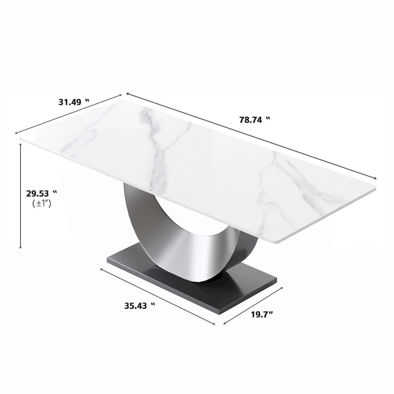 Table à manger 79 en marbre pour 10 personnes, table de cuisine rectangulaire moderne avec piètement piédestal en forme de U