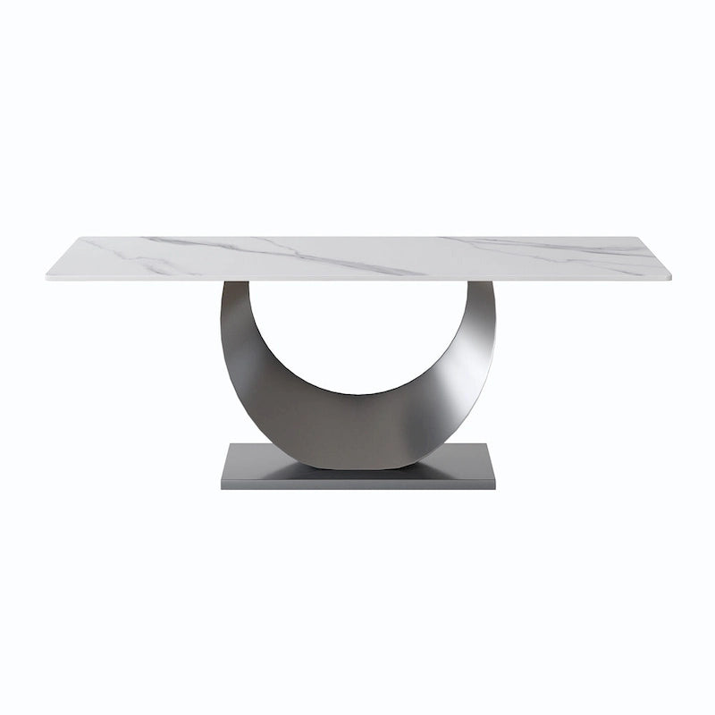 Table à manger 79 en marbre pour 10 personnes, table de cuisine rectangulaire moderne avec piètement piédestal en forme de U