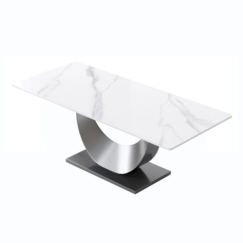 Table à manger 79 en marbre pour 10 personnes, table de cuisine rectangulaire moderne avec piètement piédestal en forme de U