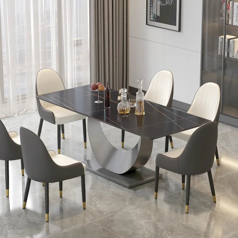 Table à manger 79 en marbre pour 10 personnes, table de cuisine rectangulaire moderne avec piètement piédestal en forme de U