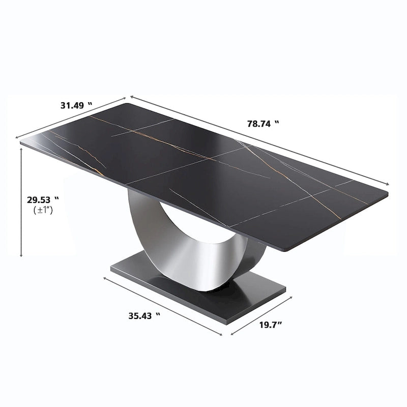 Table à manger 79 en marbre pour 10 personnes, table de cuisine rectangulaire moderne avec piètement piédestal en forme de U
