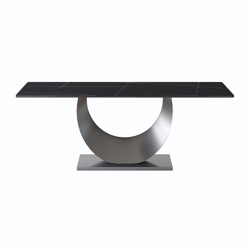 Table à manger 79 en marbre pour 10 personnes, table de cuisine rectangulaire moderne avec piètement piédestal en forme de U