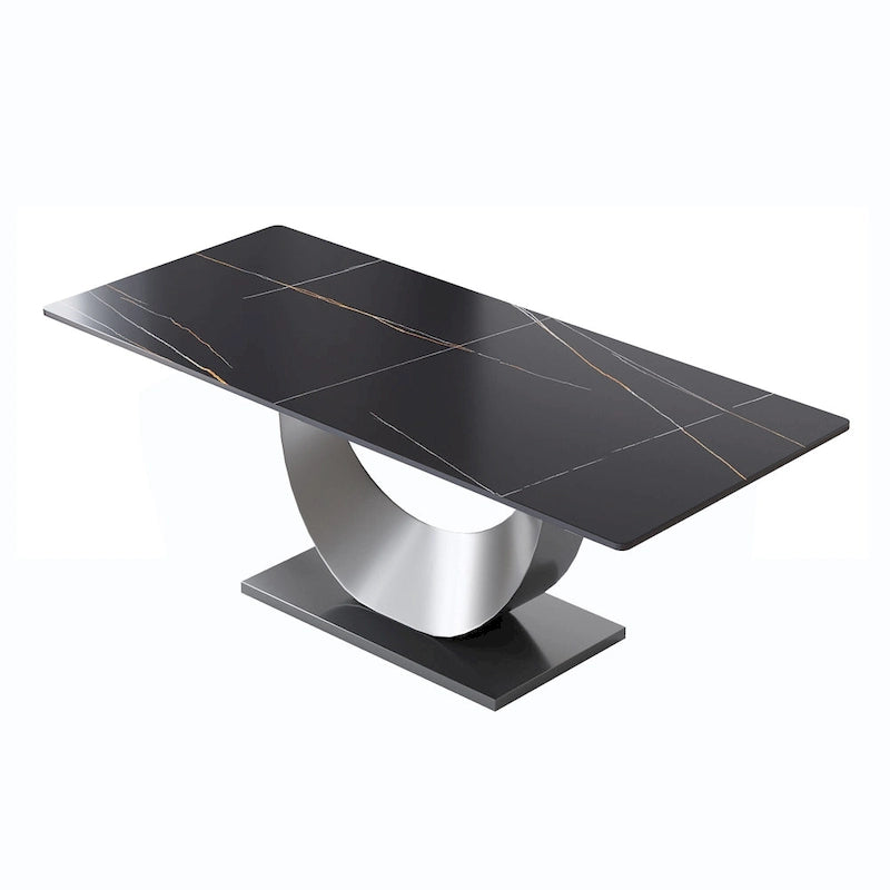 Table à manger 79 en marbre pour 10 personnes, table de cuisine rectangulaire moderne avec piètement piédestal en forme de U