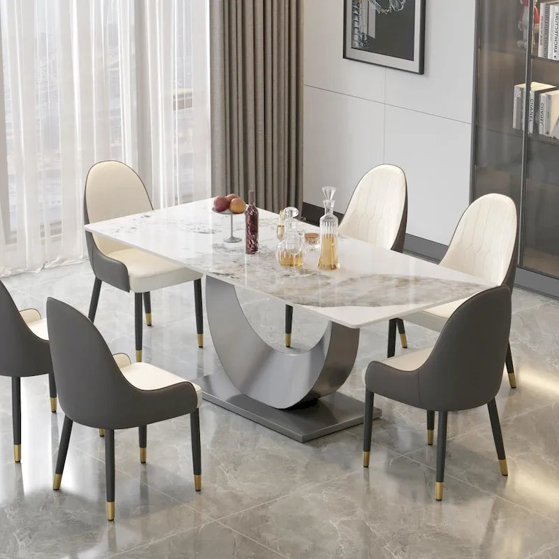 Table à manger 79 en marbre pour 10 personnes, table de cuisine rectangulaire moderne avec piètement piédestal en forme de U