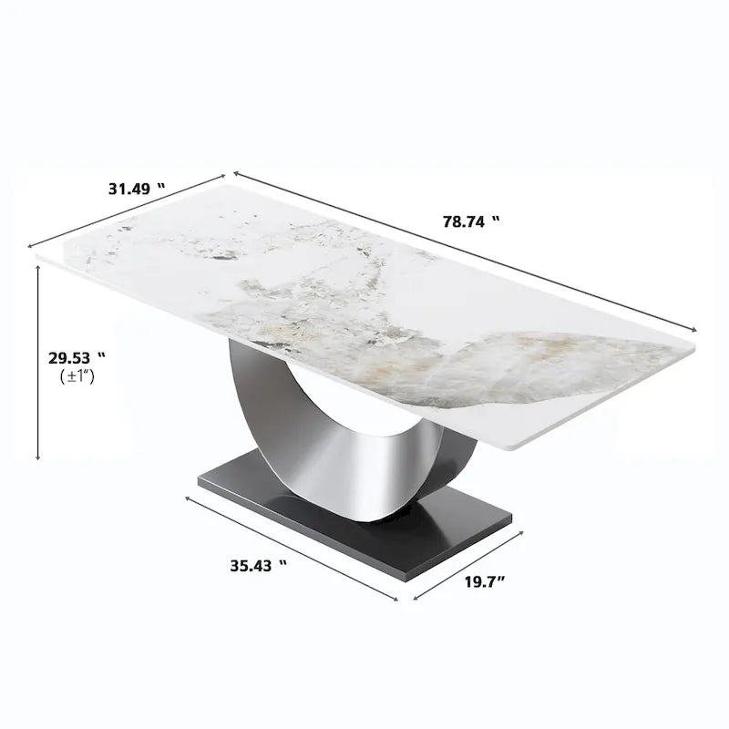 Table à manger 79 en marbre pour 10 personnes, table de cuisine rectangulaire moderne avec piètement piédestal en forme de U