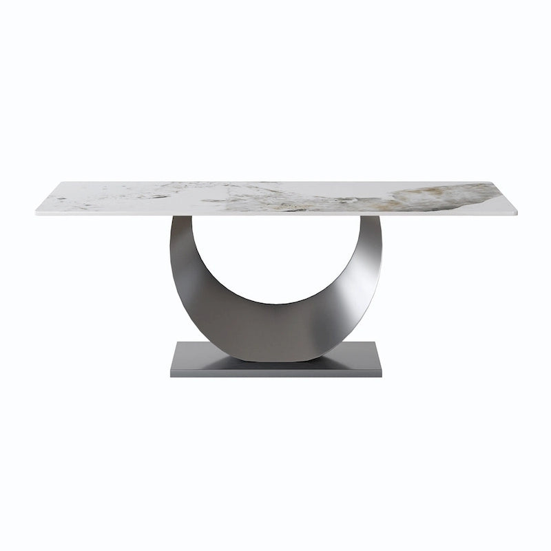 Table à manger 79 en marbre pour 10 personnes, table de cuisine rectangulaire moderne avec piètement piédestal en forme de U