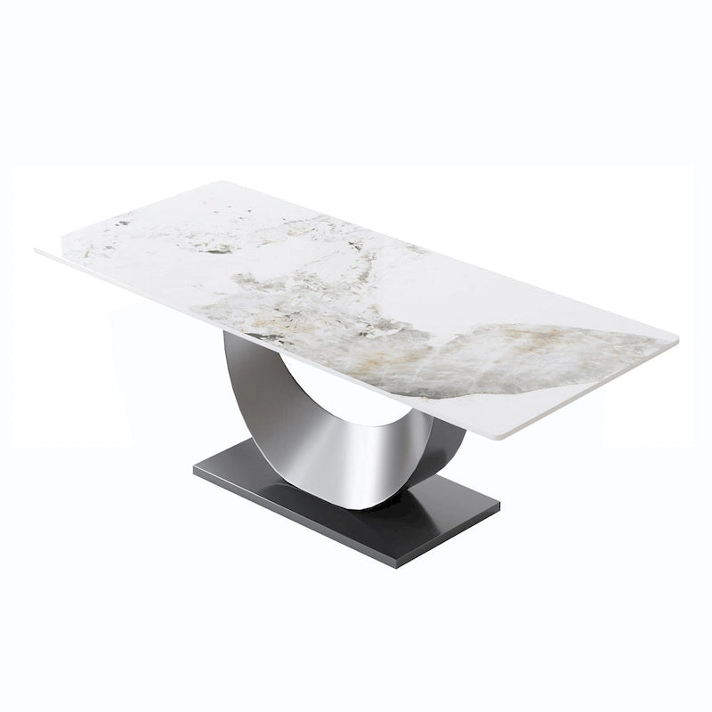 Table à manger 79 en marbre pour 10 personnes, table de cuisine rectangulaire moderne avec piètement piédestal en forme de U