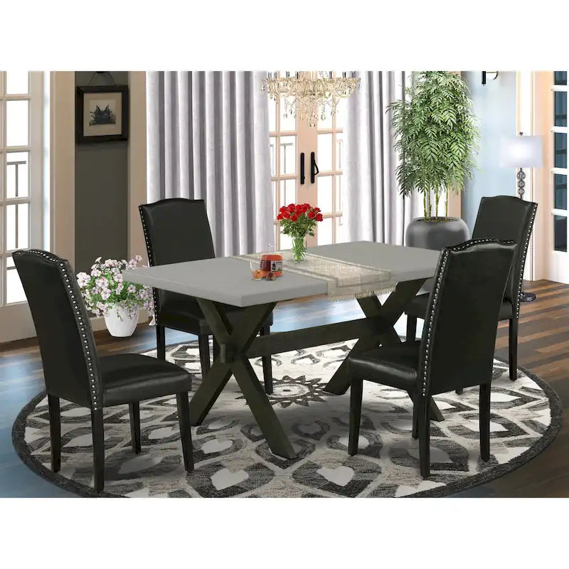 East West Furniture Ensemble de salle à manger – une table à manger et des chaises Parson noires, finition brossée noire. (Options de tissus d'ameublement et de pièces)