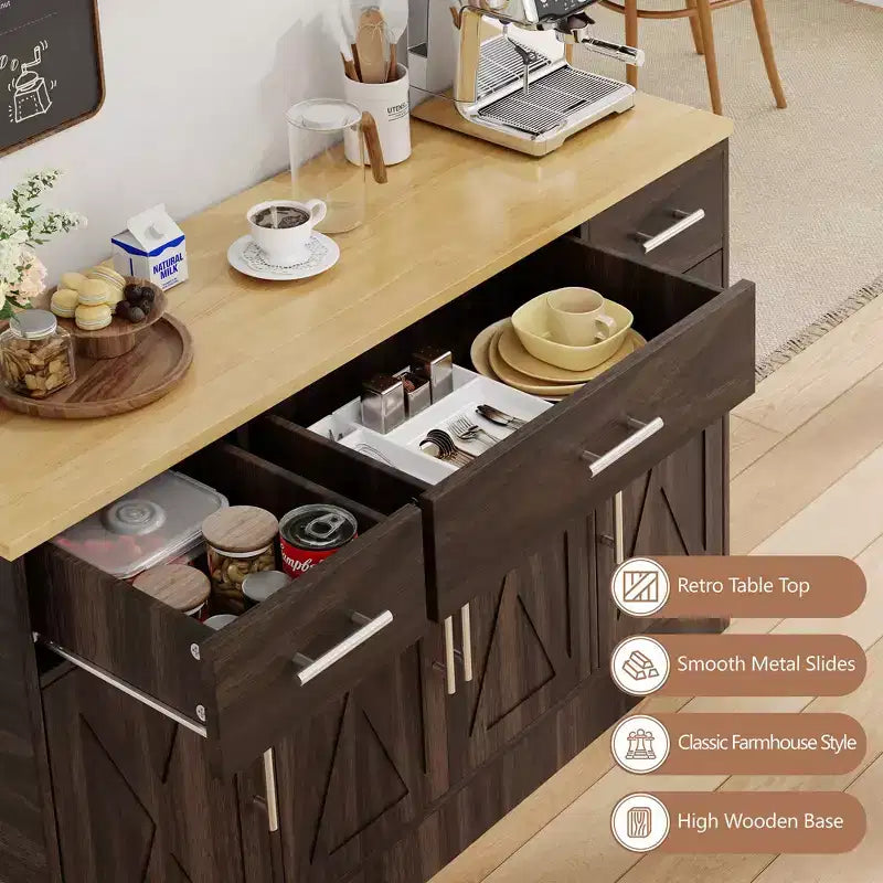 Buffet de cuisine Celebalcony avec rangement, grand buffet de cuisine de 135,6 cm avec 3 tiroirs et 4 portes, étagère réglable pour cuisine, salon