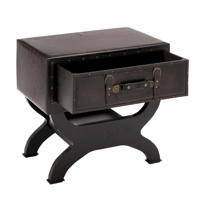 Table d'appoint à tiroir unique en similicuir style vintage avec pieds courbés - Marron - Roche River Decor - 16L x 22P x 22H