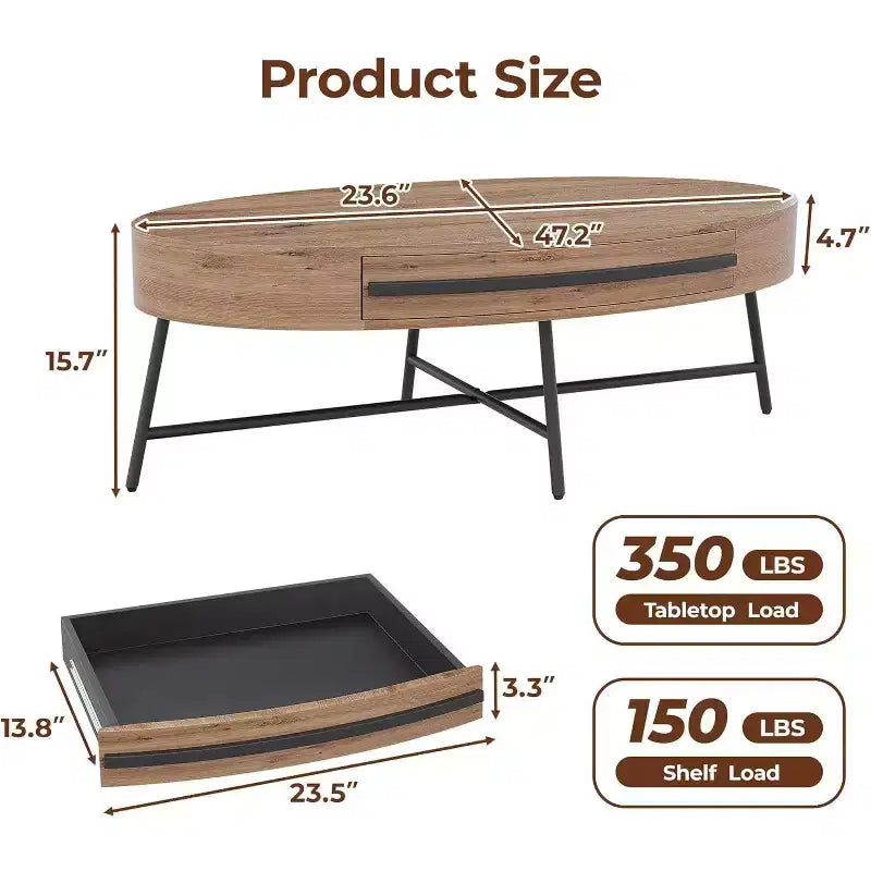 Table basse ovale Acekool avec tiroir, table de rangement en bois 120 cm avec pieds en métal croisés, table basse de style moderne du milieu du siècle en saule naturel et doré