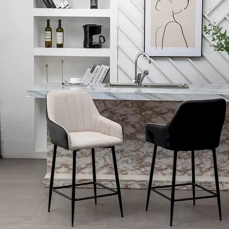 Tabourets de bar hauts, 25 po, dossier mi-haut en tissu capitonné, dossier en PU noir, tissu beige, lot de 2