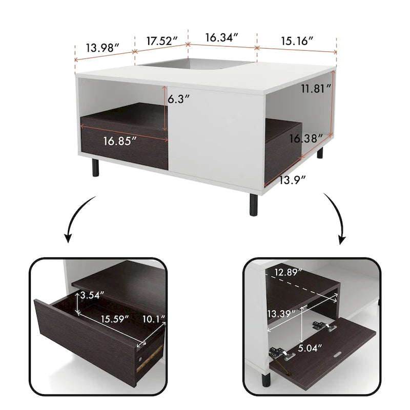 Table basse carrée moderne DH BASIC avec éclairage LED 16 couleurs, étagère et tiroir par Denhour