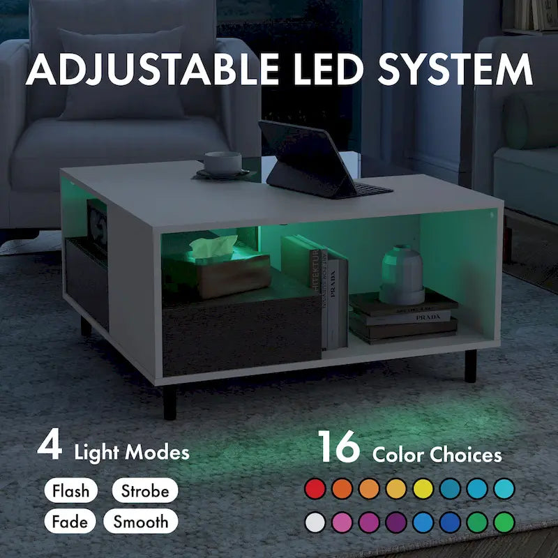 Table basse carrée moderne DH BASIC avec éclairage LED 16 couleurs, étagère et tiroir par Denhour