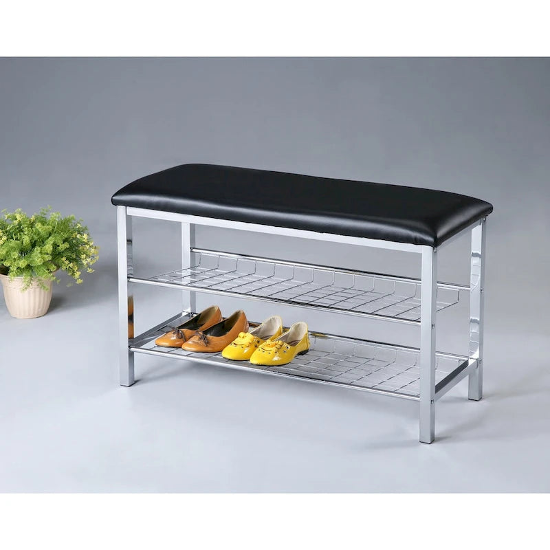 Banc à chaussures en métal Roundhill Furniture avec siège en similicuir, chrome et noir