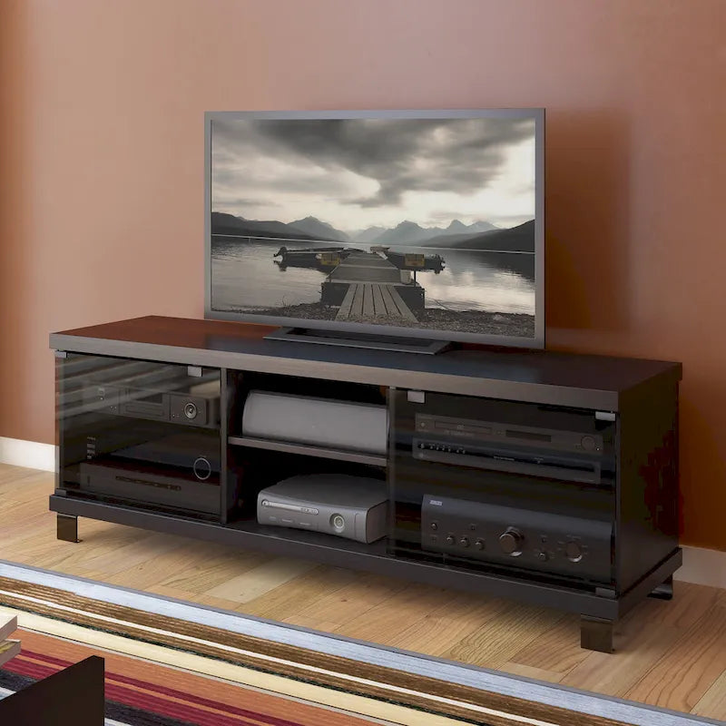 Meuble TV Holland avec portes vitrées, pour téléviseurs jusqu'à 75