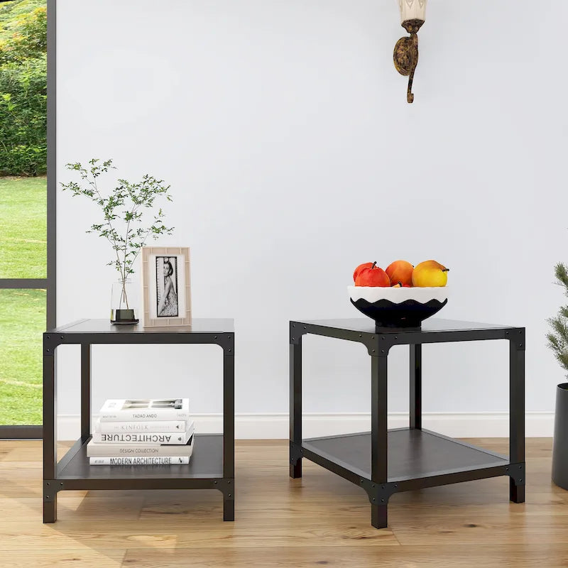 Table d'appoint carrée Davee en bois et métal avec étagère – 20x20x20