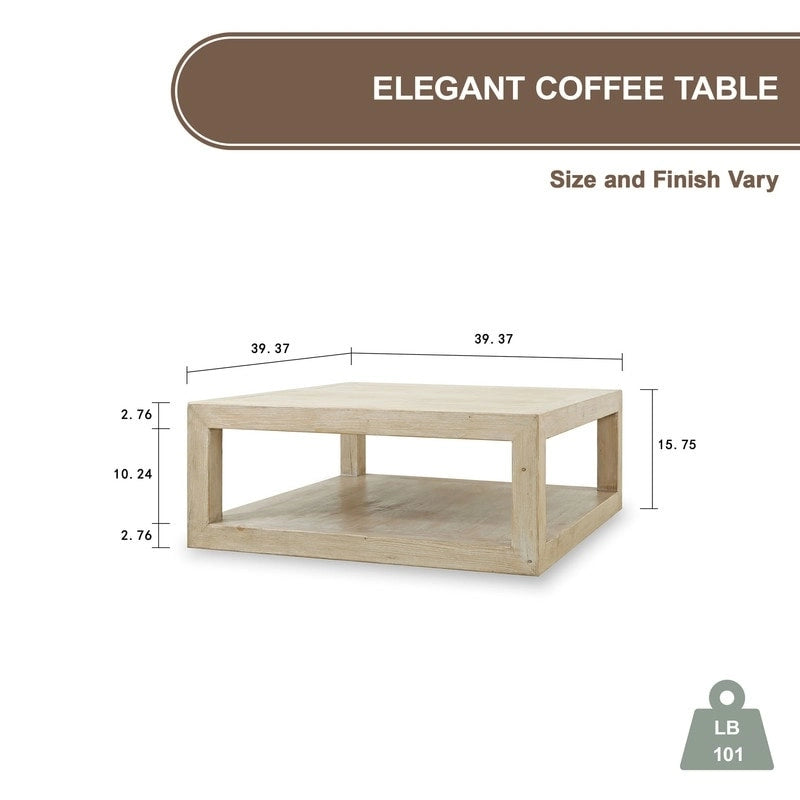 Table basse Artissance 39.4L carrée, aspect bois patiné blanc, avec grand cadre sculpté Peking