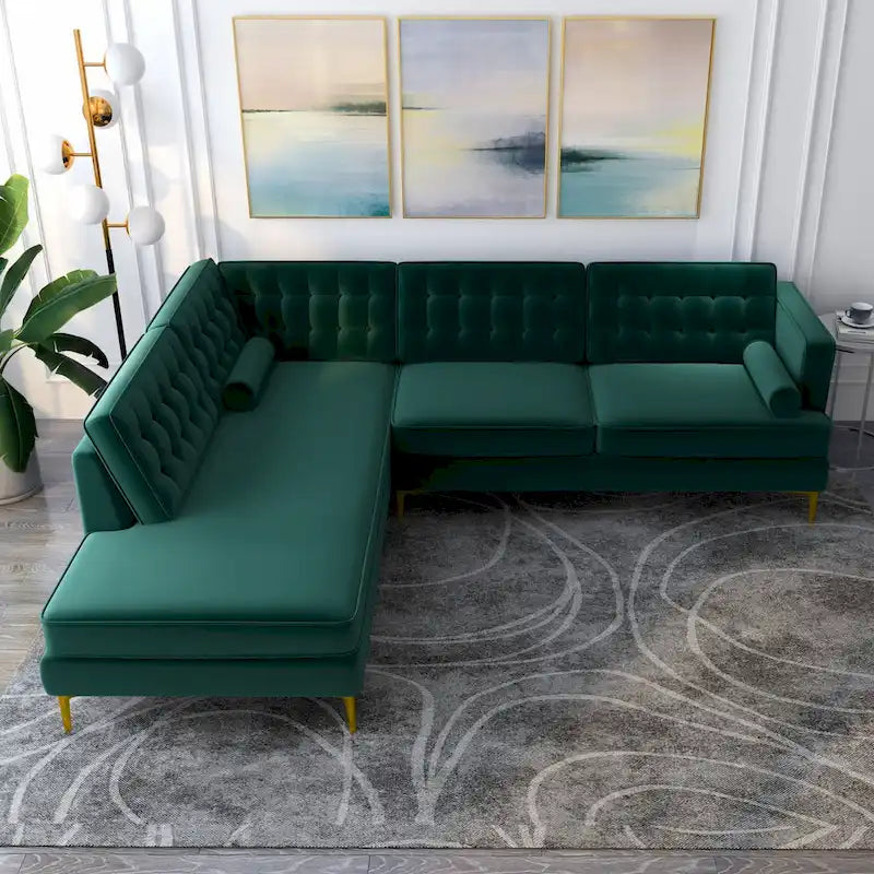 Canapé d'angle de salon capitonné moderne en velours Caterina vert foncé
