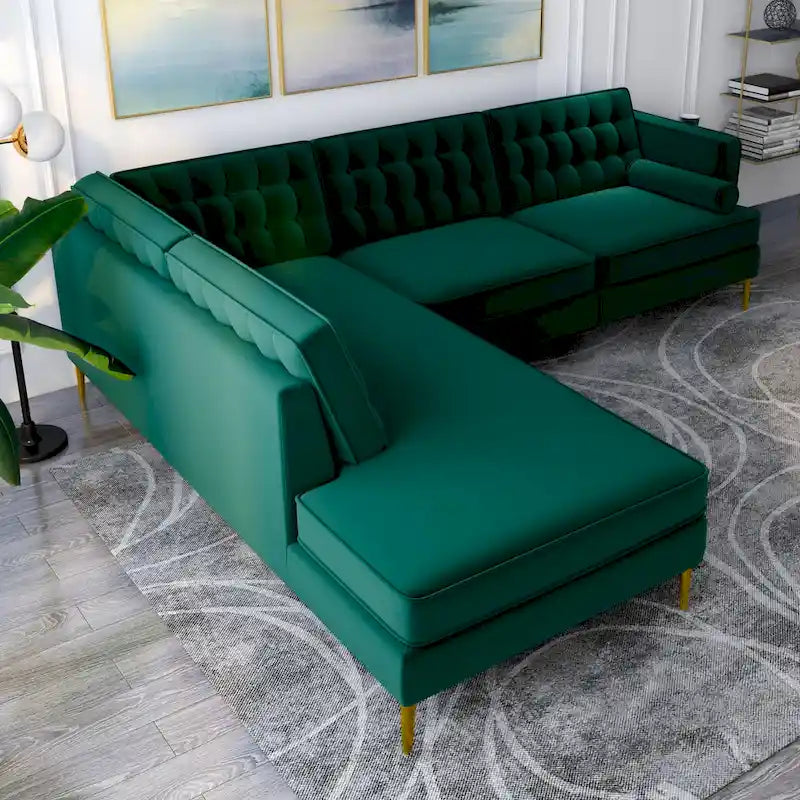 Canapé d'angle de salon capitonné moderne en velours Caterina vert foncé
