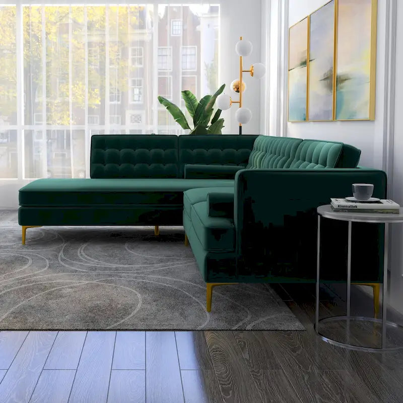 Canapé d'angle de salon capitonné moderne en velours Caterina vert foncé