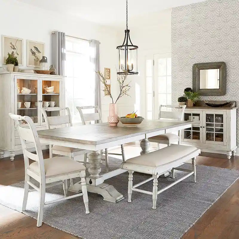 Ensemble de 6 pièces de table à tréteaux Whitney en lin antique et gris vieilli