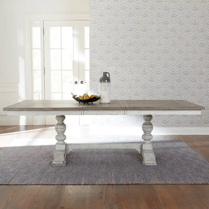 Ensemble de 6 pièces de table à tréteaux Whitney en lin antique et gris vieilli