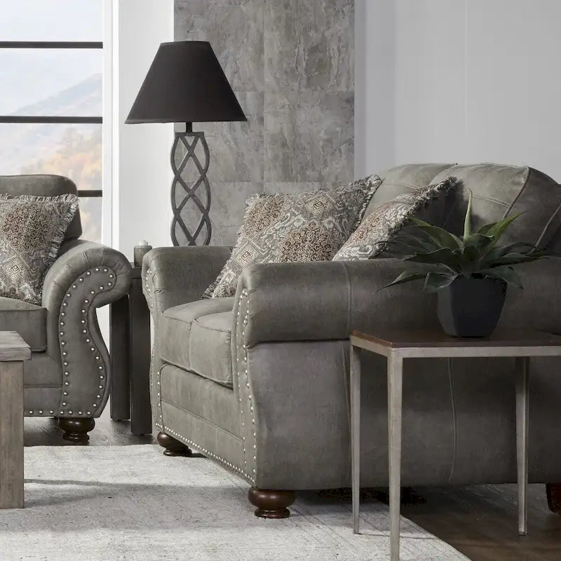Causeuse Roundhill Furniture Leinster en similicuir gris pierre avec clous décoratifs