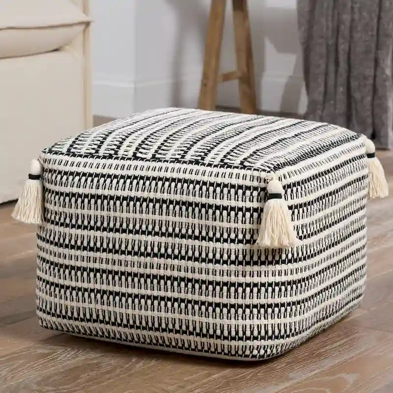 Pouf Ister rayé crème et noir fait main