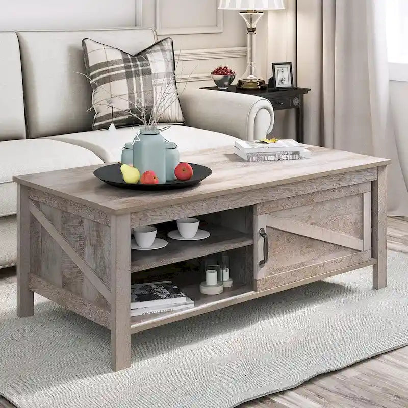 Table basse rectangulaire Moasis Farmhouse avec étagères réglables et porte coulissante style grange