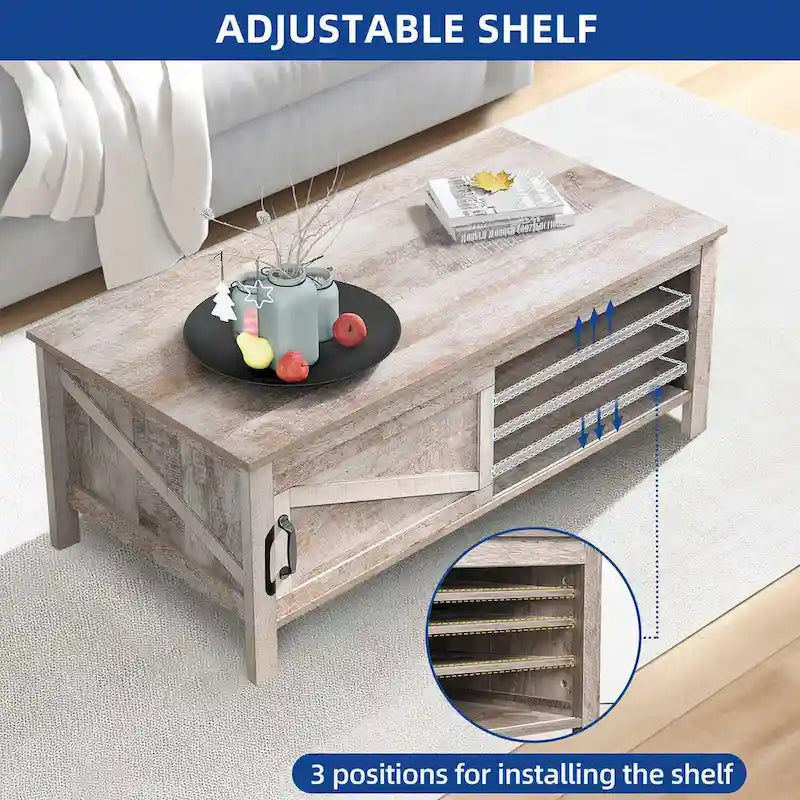 Table basse rectangulaire Moasis Farmhouse avec étagères réglables et porte coulissante style grange