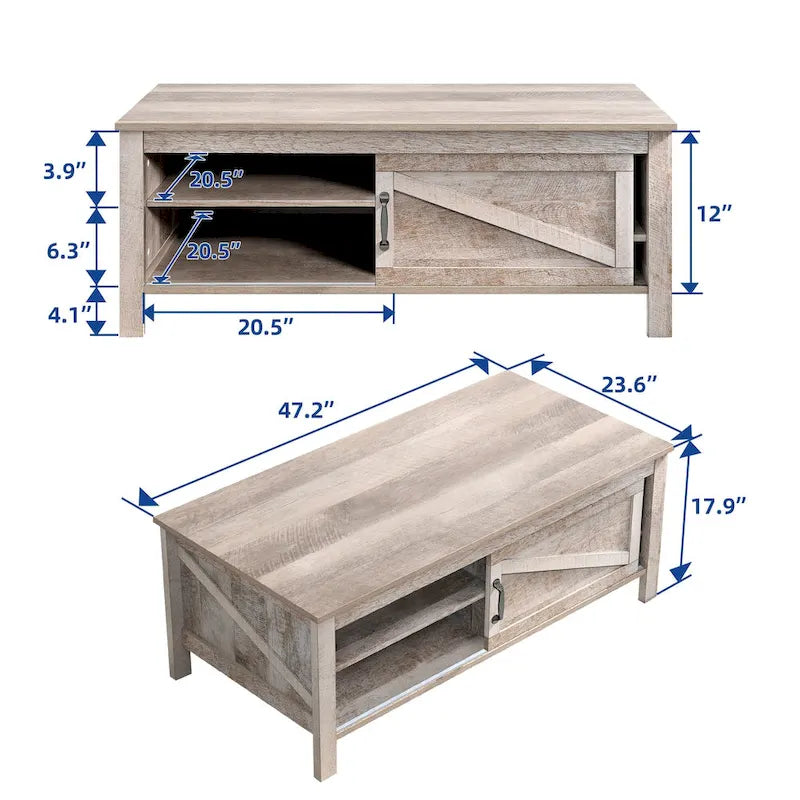 Table basse rectangulaire Moasis Farmhouse avec étagères réglables et porte coulissante style grange