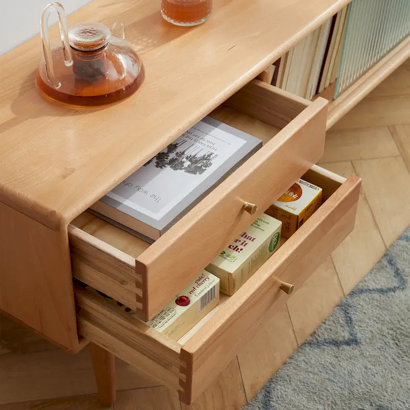 Meuble TV avec portes en verre et 3 tiroirs