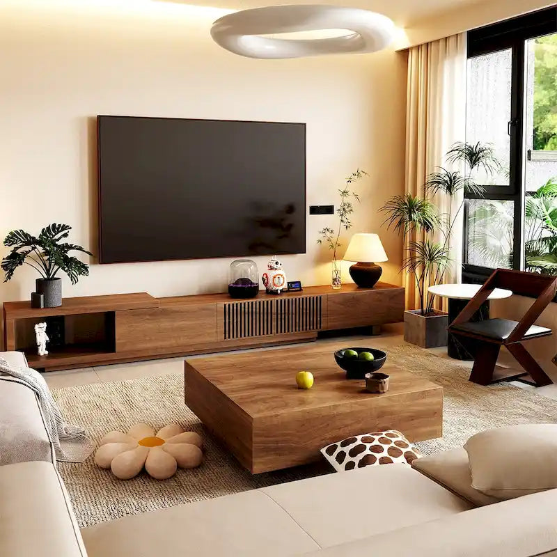 Meuble TV rétractable et extensible moderne avec 4 tiroirs, jusqu'à 261,62 cm - 78,54P x 15,74L x 13,78H