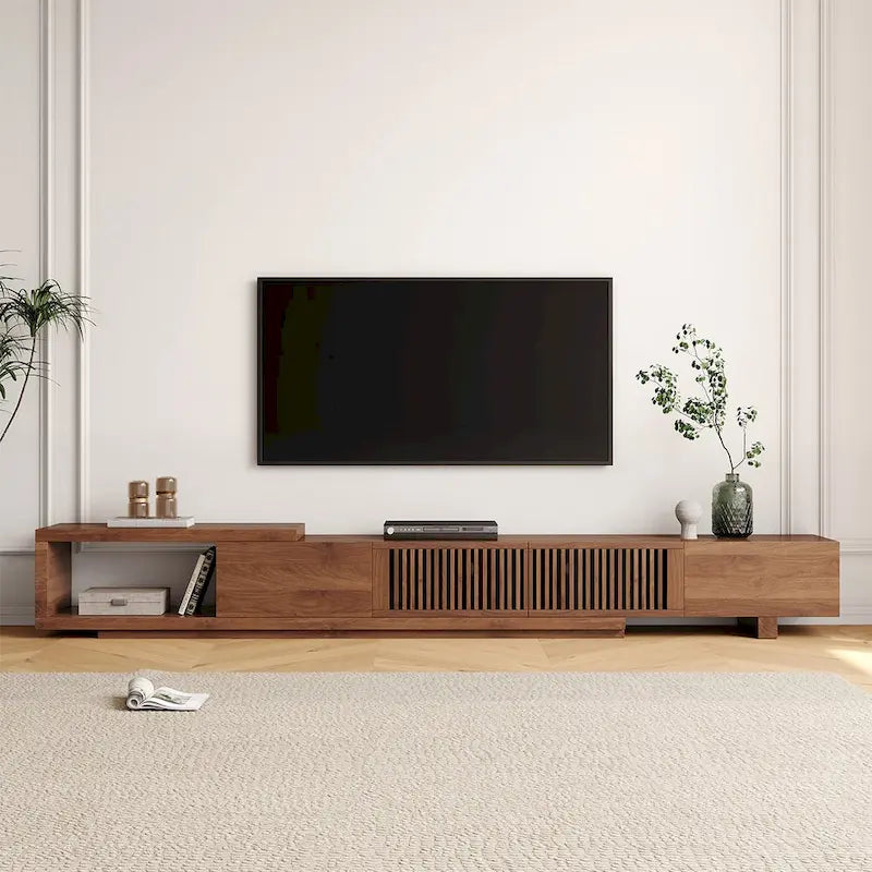 Meuble TV rétractable et extensible moderne avec 4 tiroirs, jusqu'à 261,62 cm - 78,54P x 15,74L x 13,78H