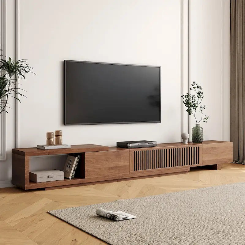 Meuble TV rétractable et extensible moderne avec 4 tiroirs, jusqu'à 261,62 cm - 78,54P x 15,74L x 13,78H