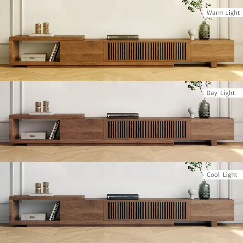 Meuble TV rétractable et extensible moderne avec 4 tiroirs, jusqu'à 261,62 cm - 78,54P x 15,74L x 13,78H